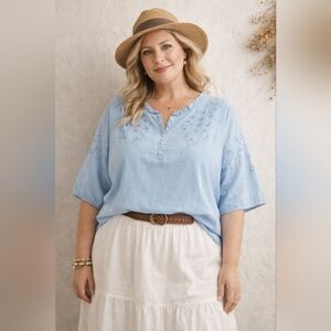 Light Blue Embroidered Boho Peasant Blouse XL Cottagecore Floral Top